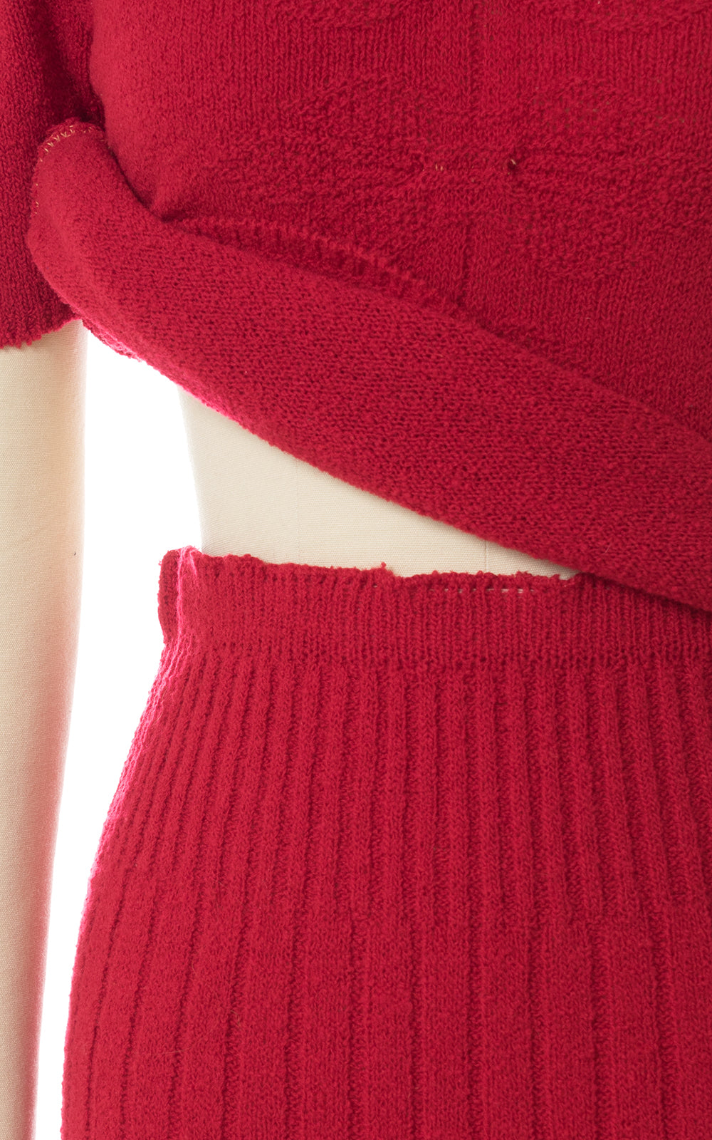 1940s 1950s Bright Red Knit Wool Sweater & Skirt Set