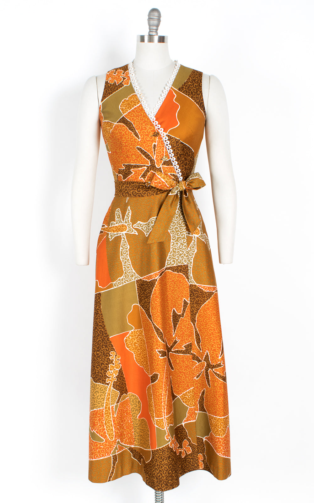 1960s Hawaiian Floral Cotton Maxi Wrap Dress