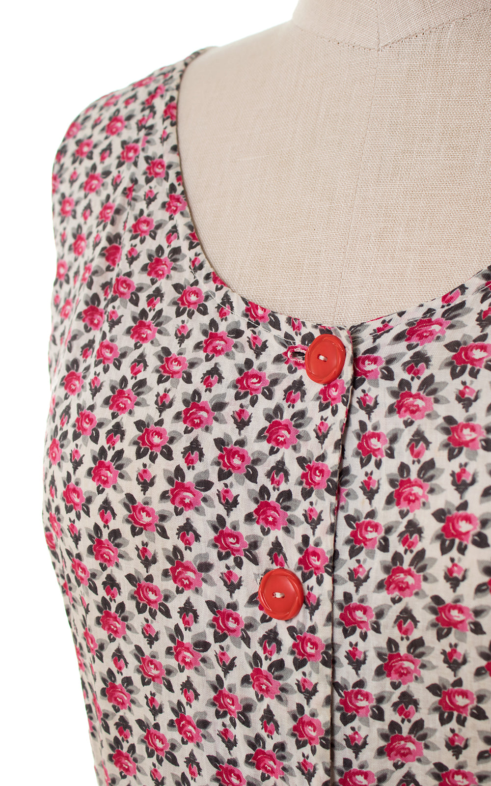 1940s Rose Print Cotton Shirtwaist Sundress