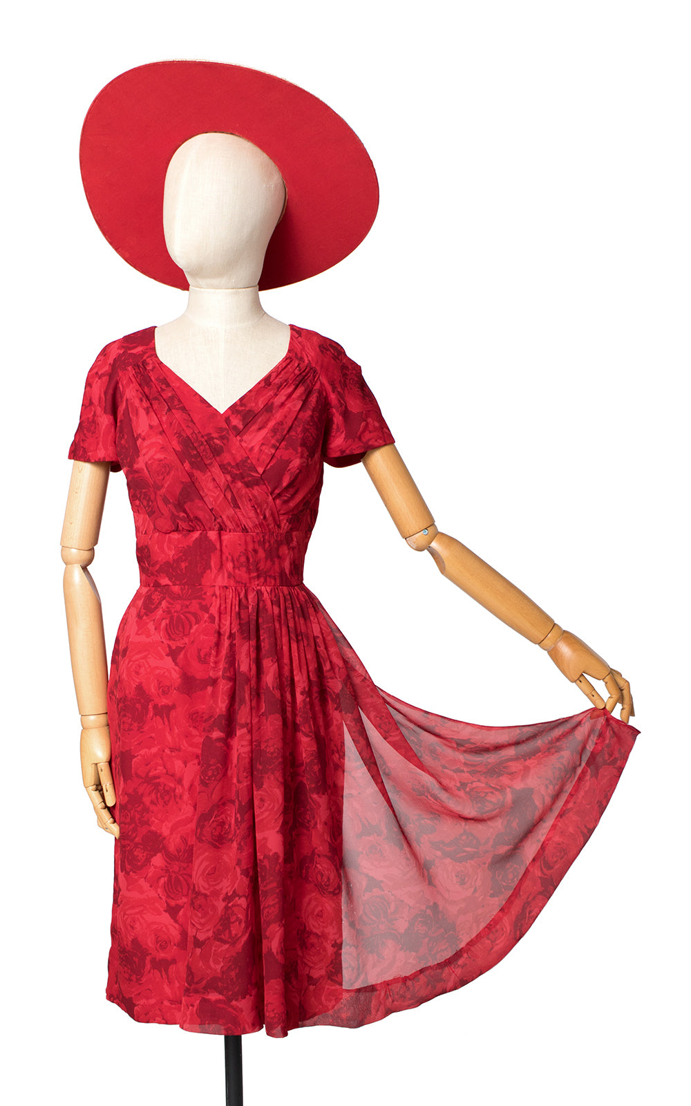 1950s Marjorie Michael Red Rose Silk Chiffon Cocktail Dress