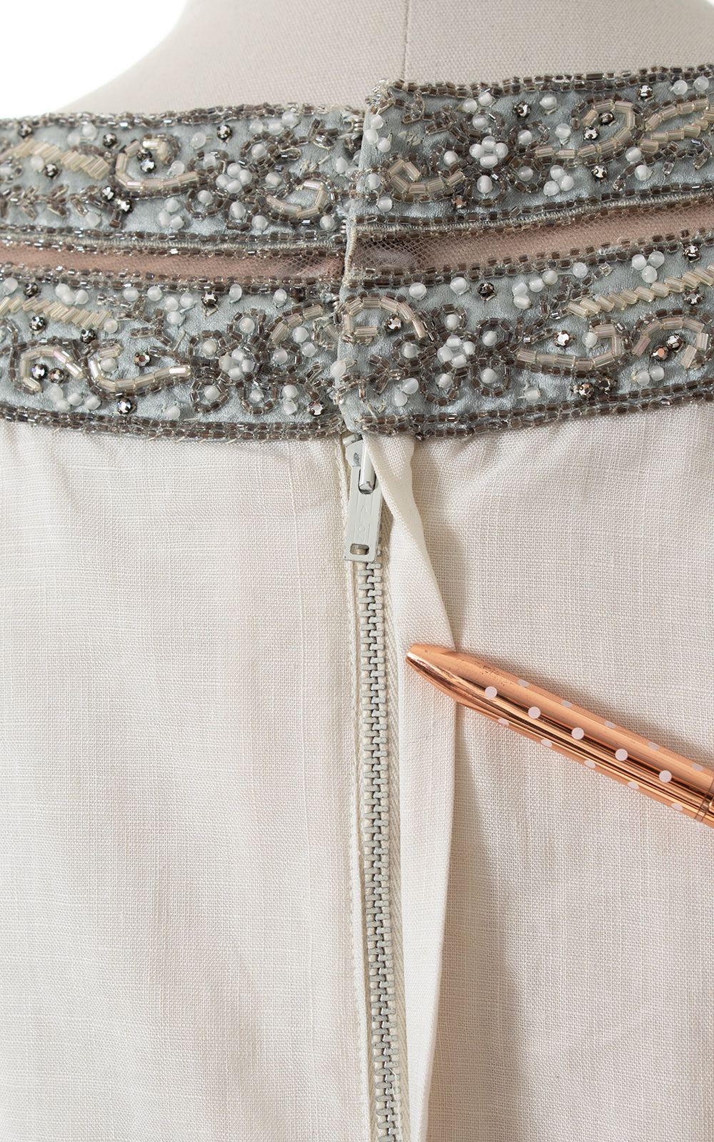 1960s Beaded Rhinestone Linen Wiggle Dress | medium