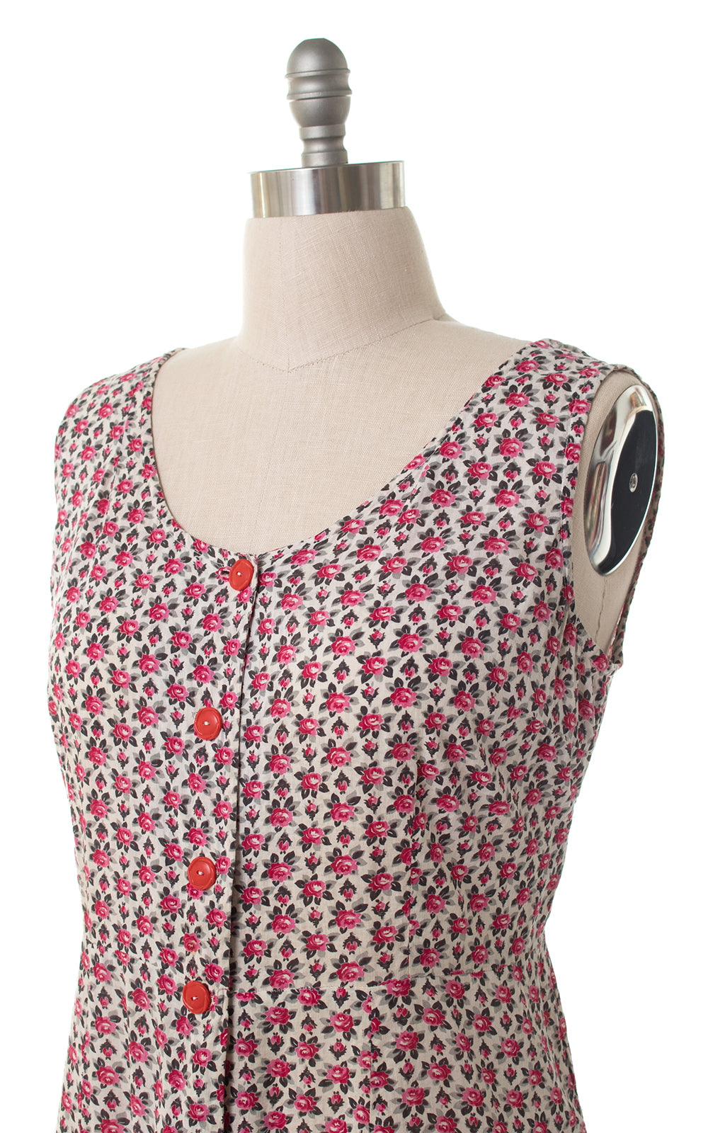 1940s Rose Print Cotton Shirtwaist Sundress