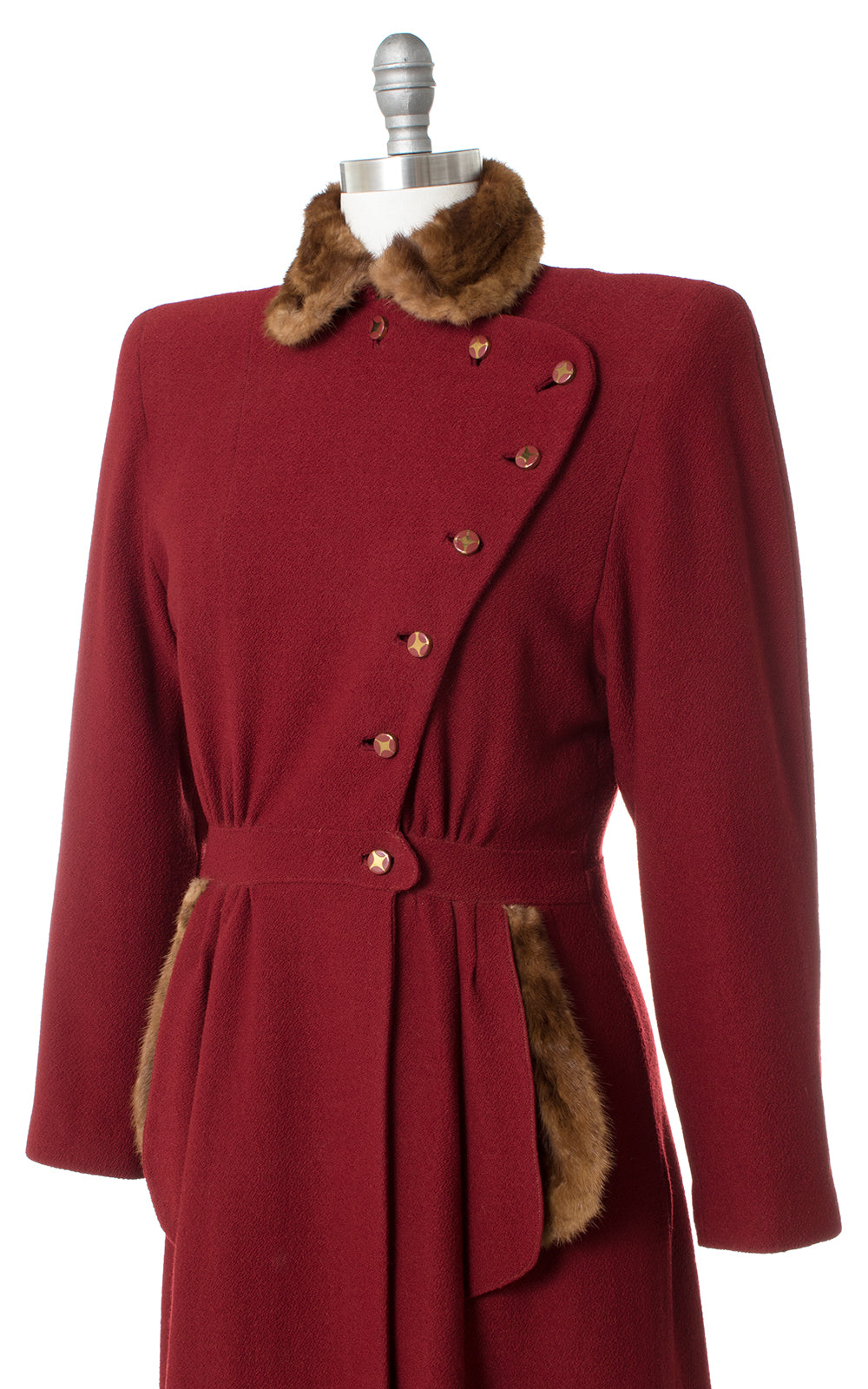 1930s 1940s Fur Trim Burgundy Wool Princess Coat