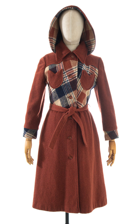 1970s Hooded Plaid Wool Princess Coat | x-small/small