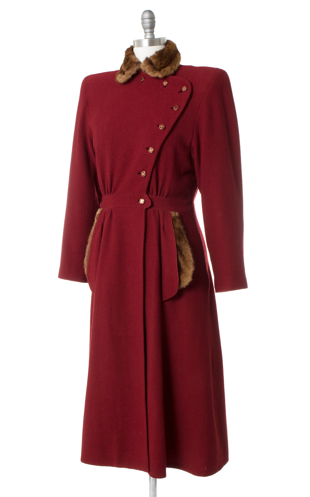 1930s 1940s Fur Trim Burgundy Wool Princess Coat