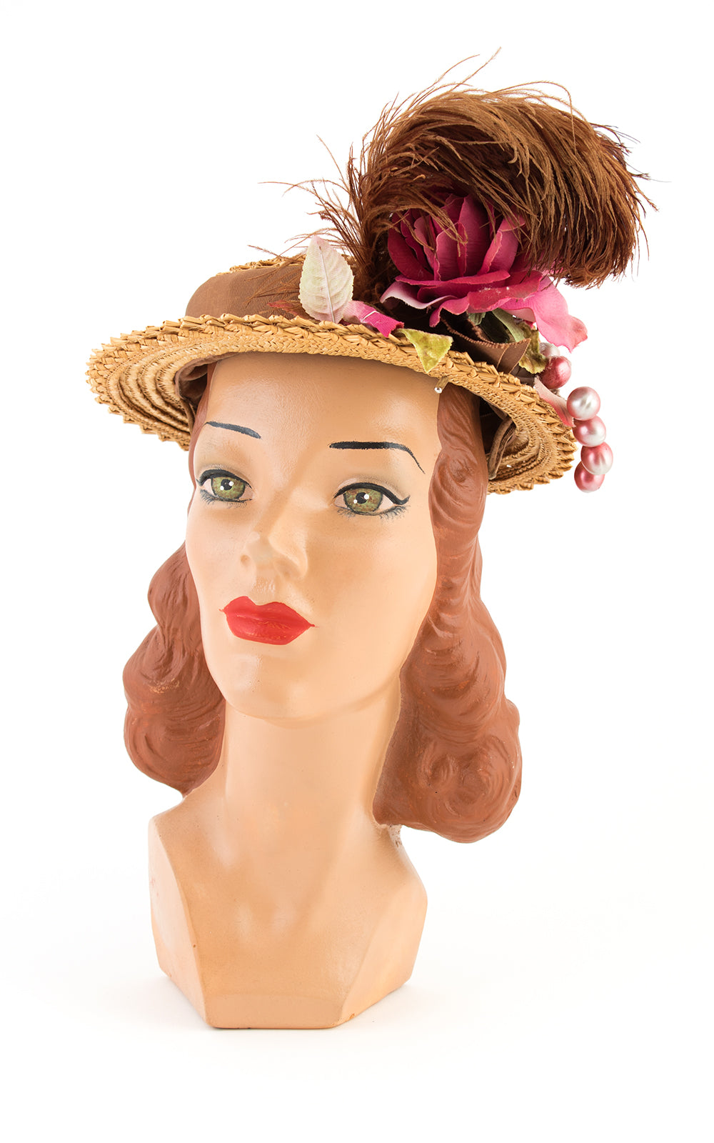 1950s Rose Berries & Feather Straw Hat | small/medium/large