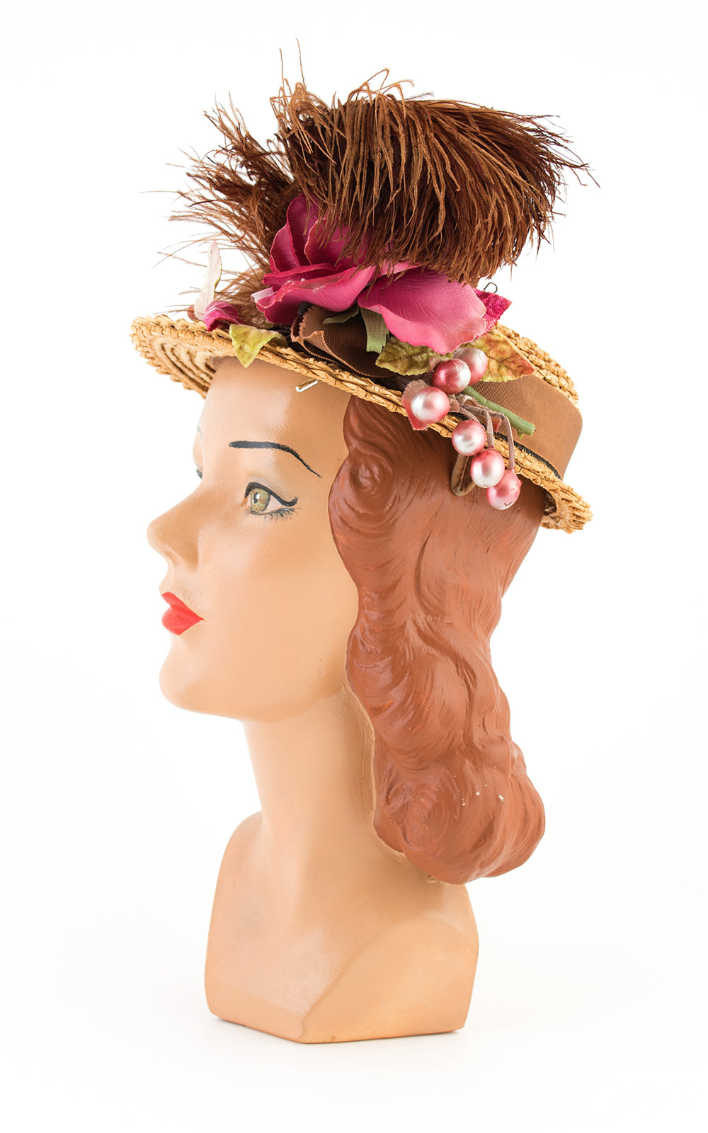 1950s Rose Berries & Feather Straw Hat