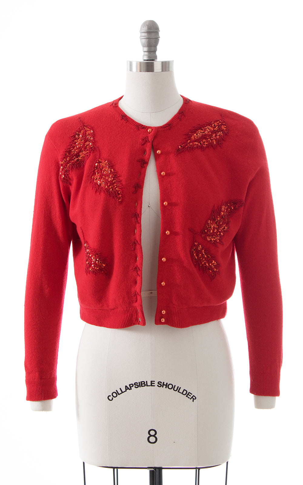 1950s Sequin Beaded Red Knit Cardigan