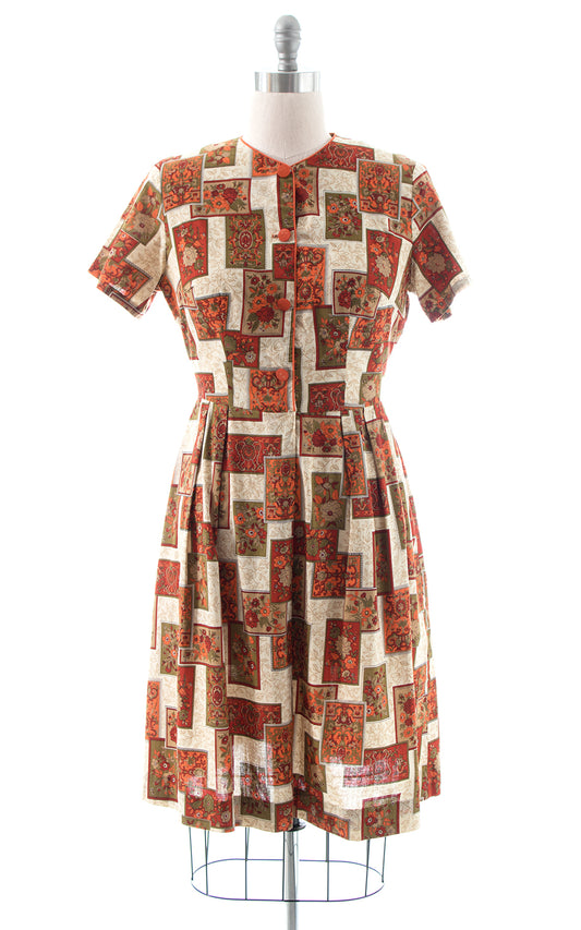 1960s Floral Geometric Cotton Shirtwaist Dress