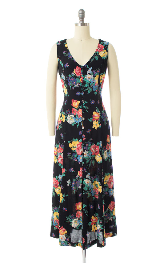 1990s Floral Rayon Crepe Button Down Midi Dress