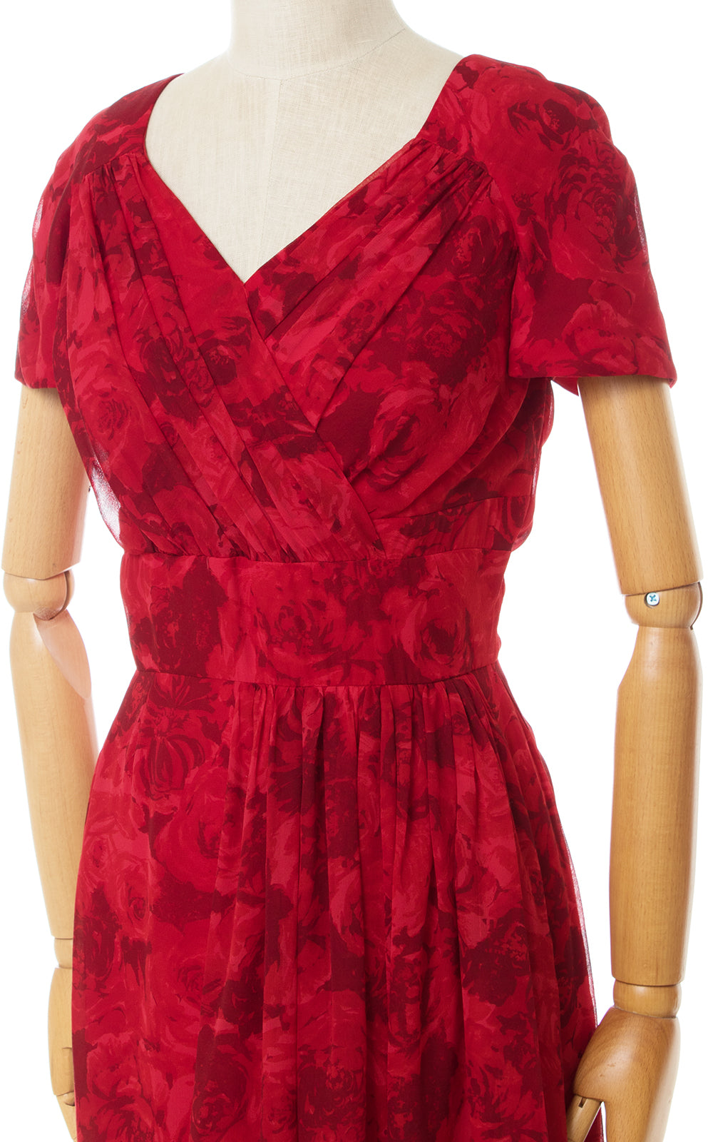 1950s Marjorie Michael Red Rose Silk Chiffon Cocktail Dress