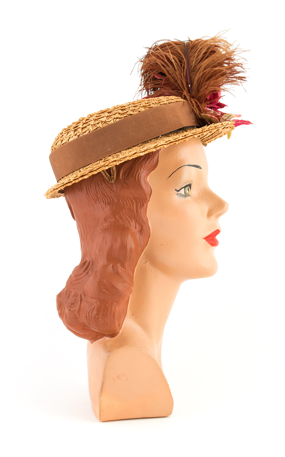 1950s Rose Berries & Feather Straw Hat