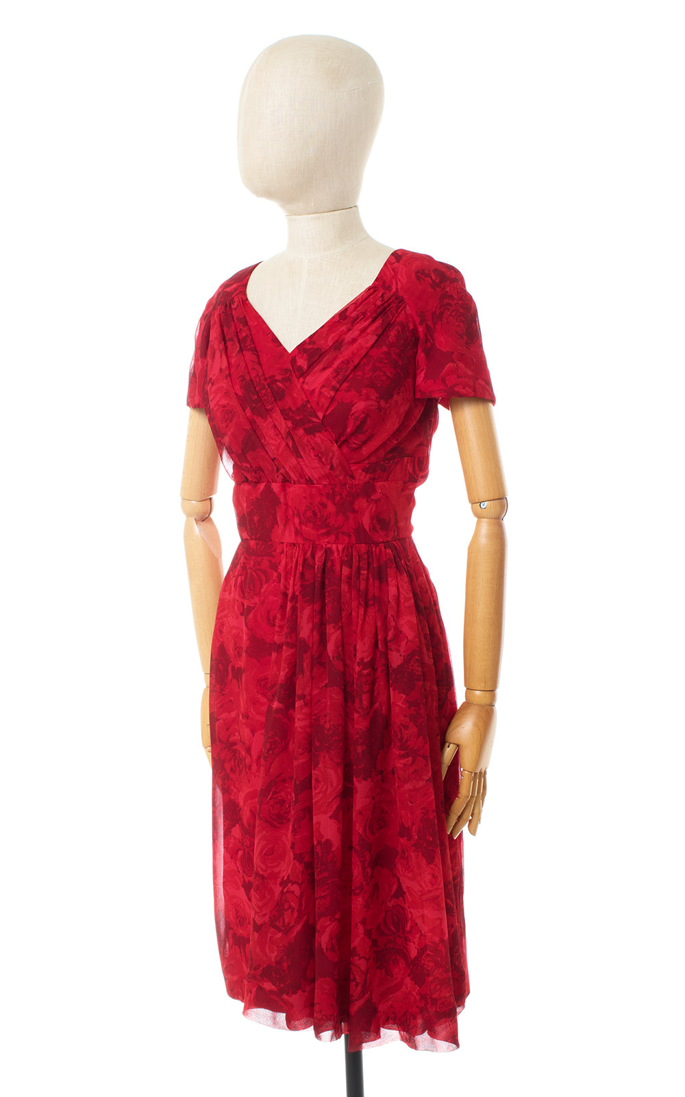 1950s Marjorie Michael Red Rose Silk Chiffon Cocktail Dress
