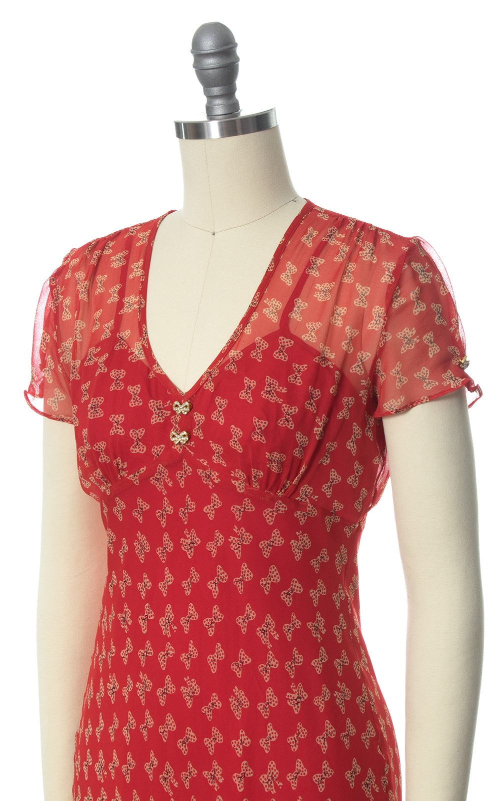 1990s Laundry by Shelli Segal Red Bow Novelty Print Silk Chiffon Dress