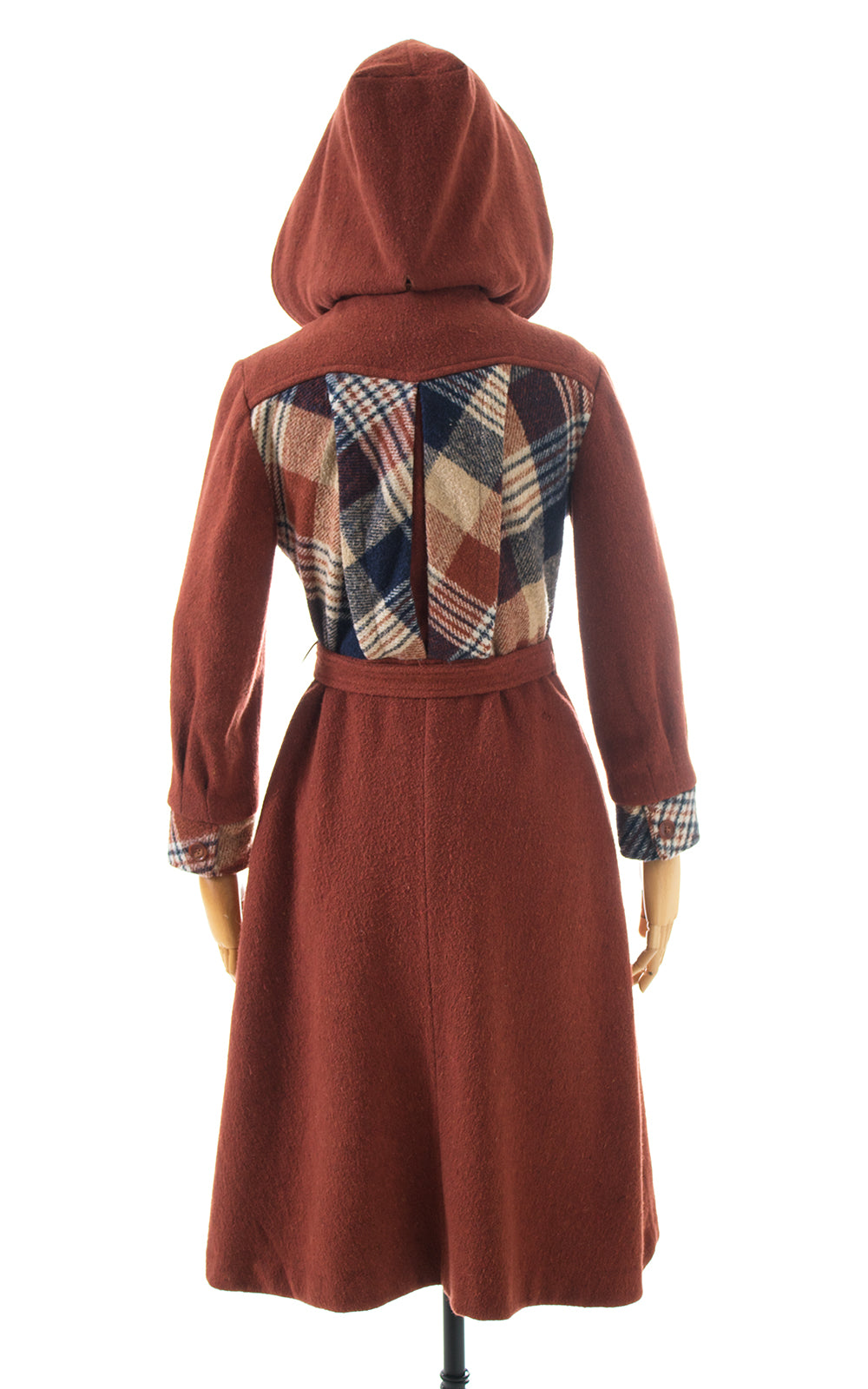 1970s Hooded Plaid Wool Princess Coat | x-small/small