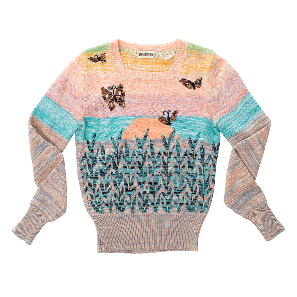 1970s Butterflies at Sunset Novelty Knit Sweater | x-small/small