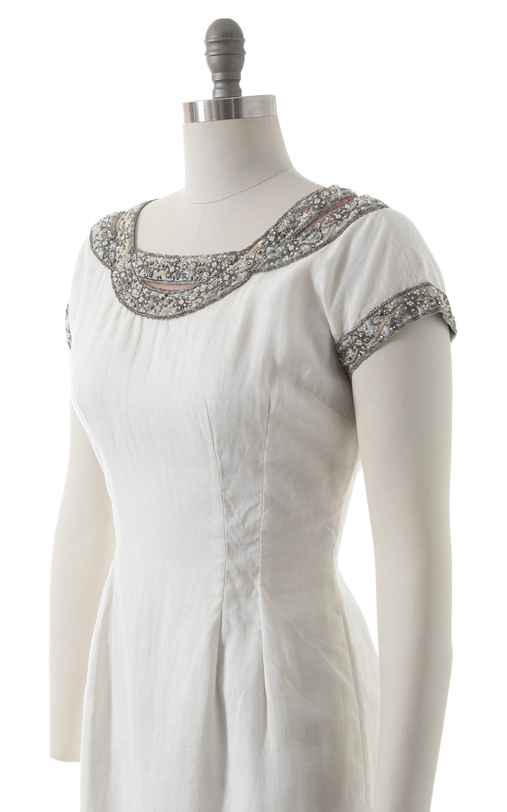 1960s Beaded Rhinestone Linen Wiggle Dress | medium