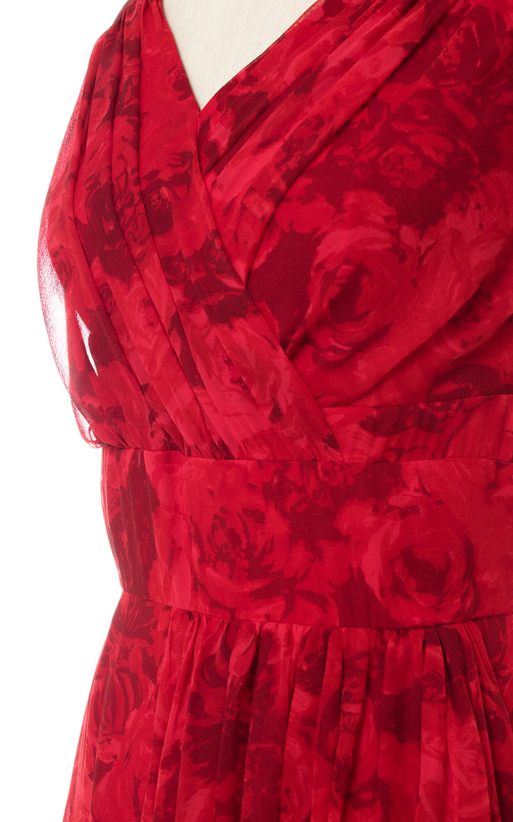 1950s Marjorie Michael Red Rose Silk Chiffon Cocktail Dress