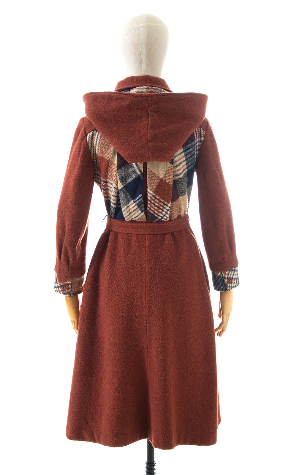 1970s Hooded Plaid Wool Princess Coat | x-small/small