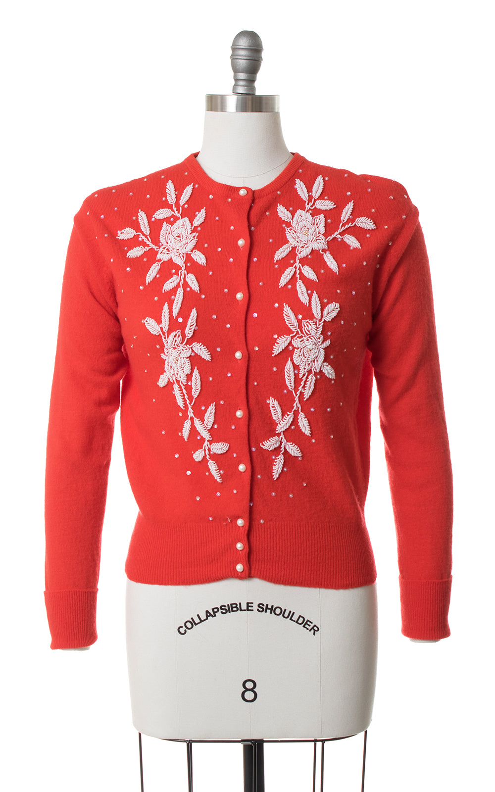 1950s Floral Beaded Red Knit Wool Cardigan