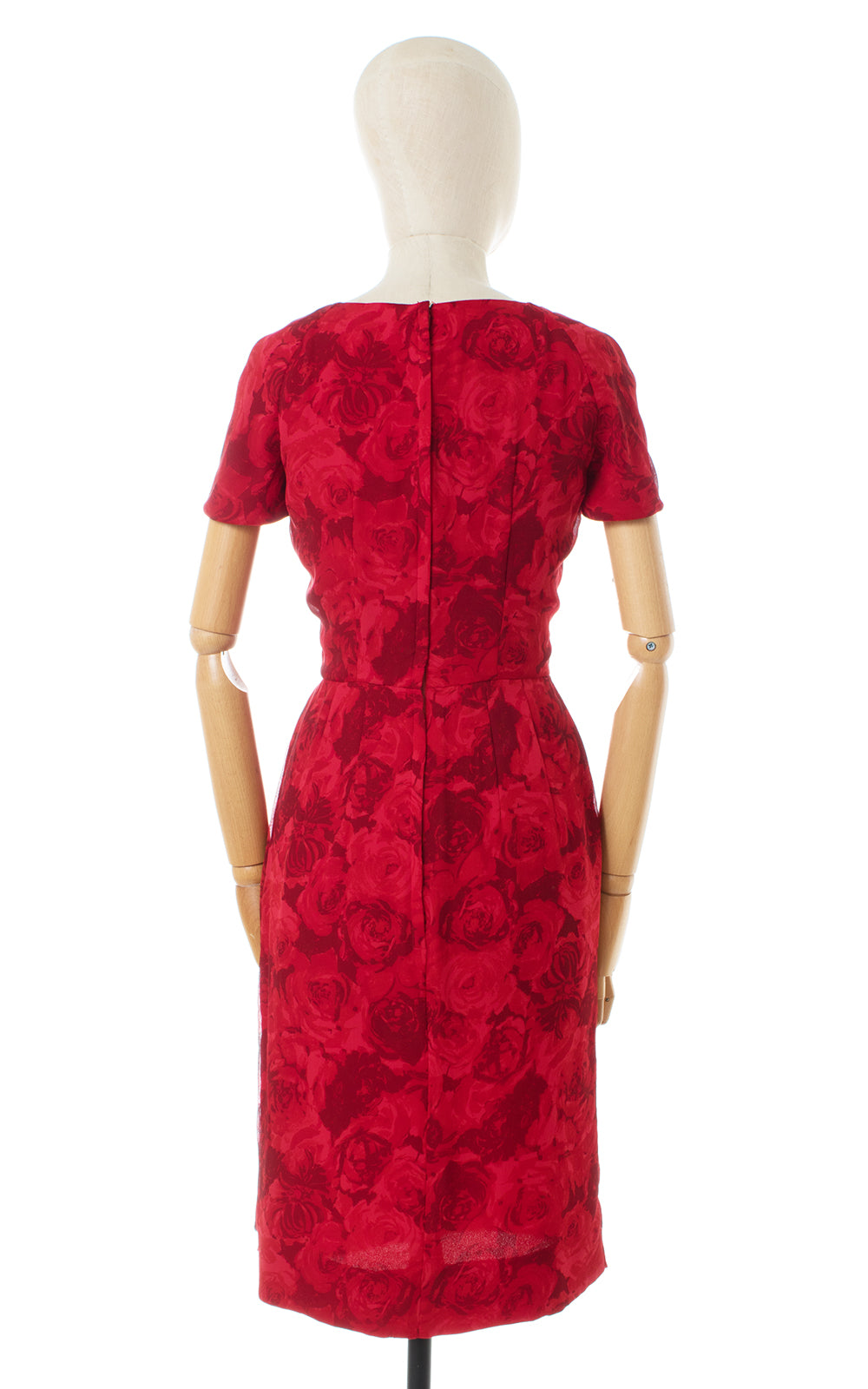 1950s Marjorie Michael Red Rose Silk Chiffon Cocktail Dress