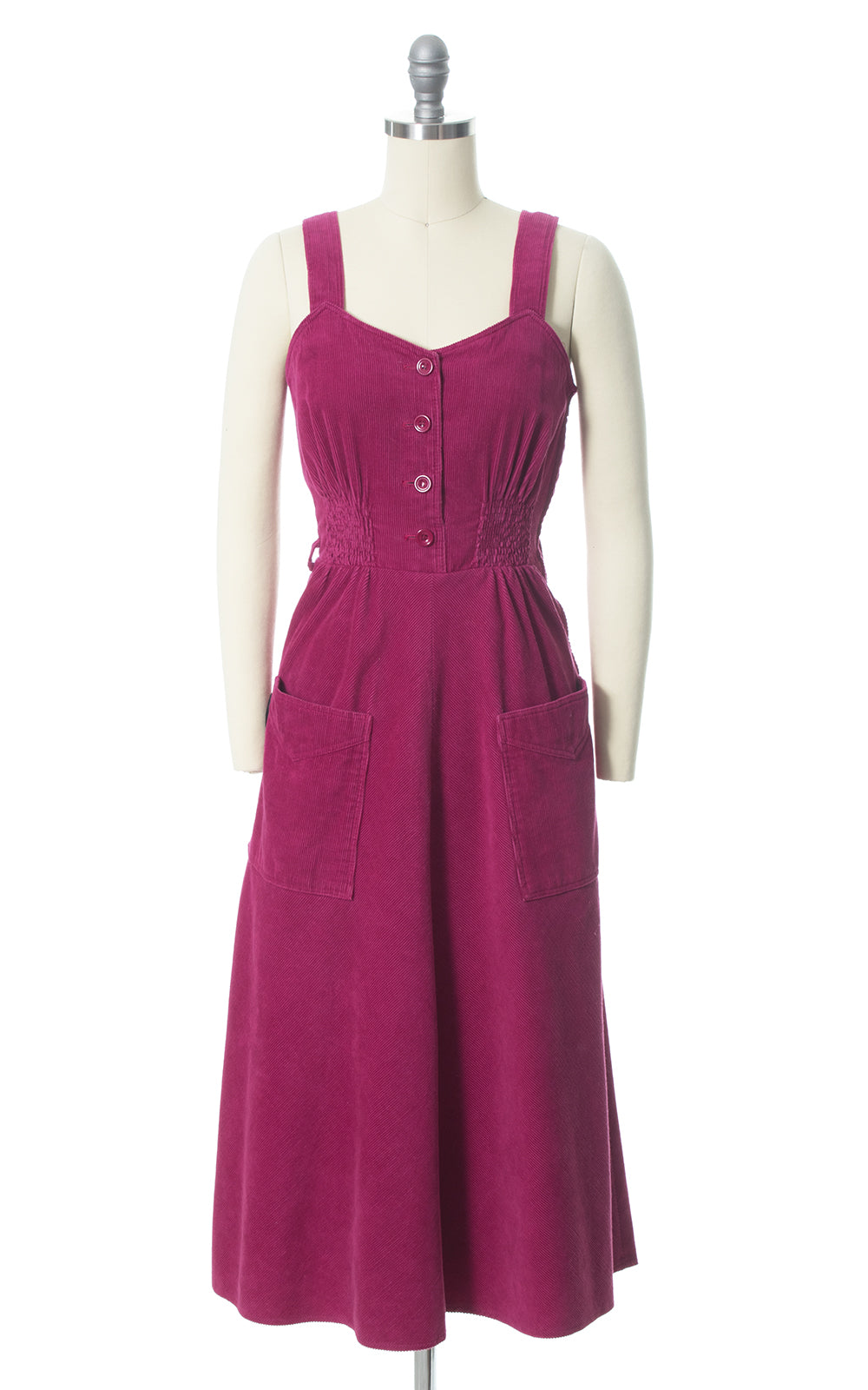 1970s Magenta Corduroy Shirtwaist Dress with Pockets