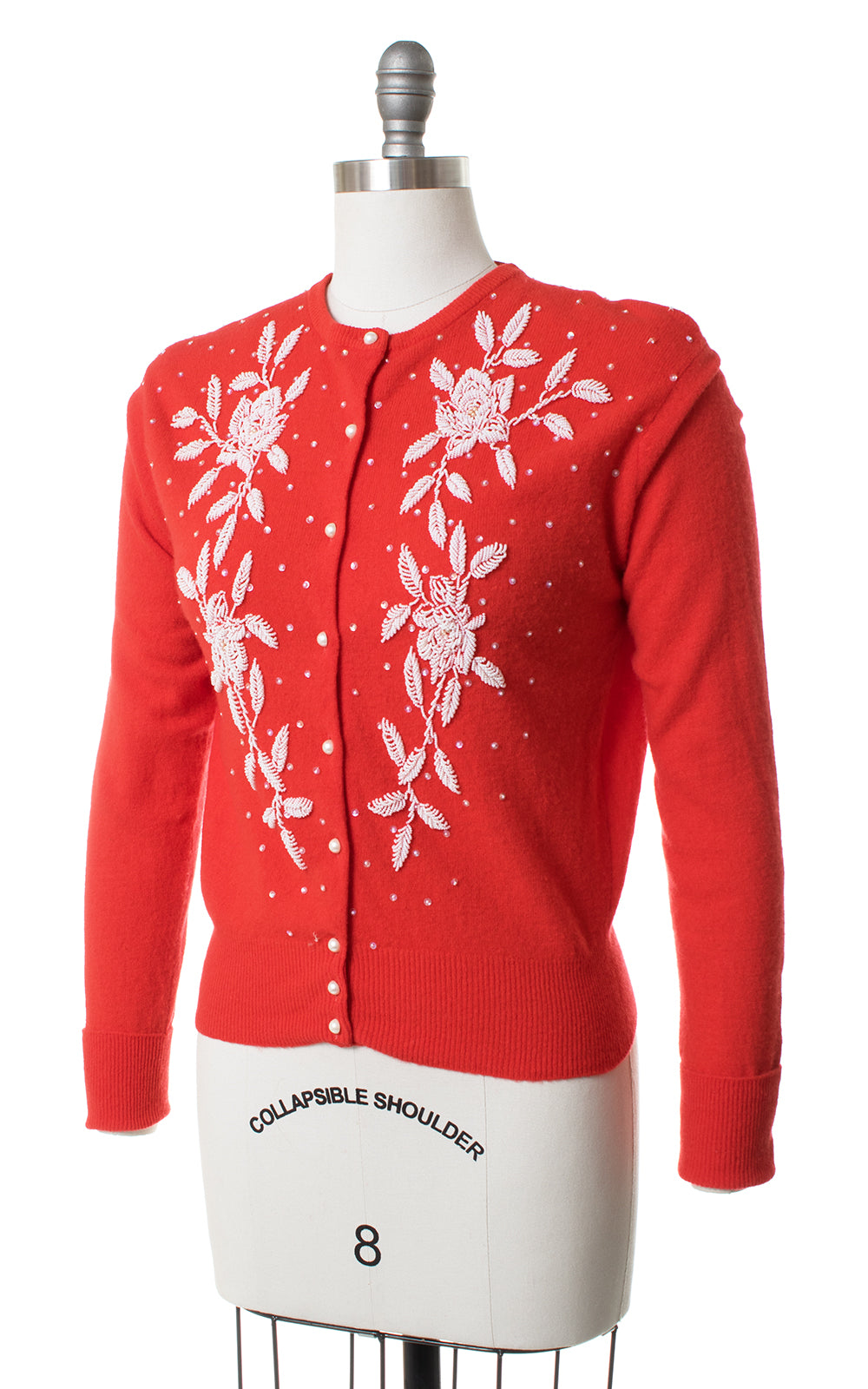 1950s Floral Beaded Red Knit Wool Cardigan