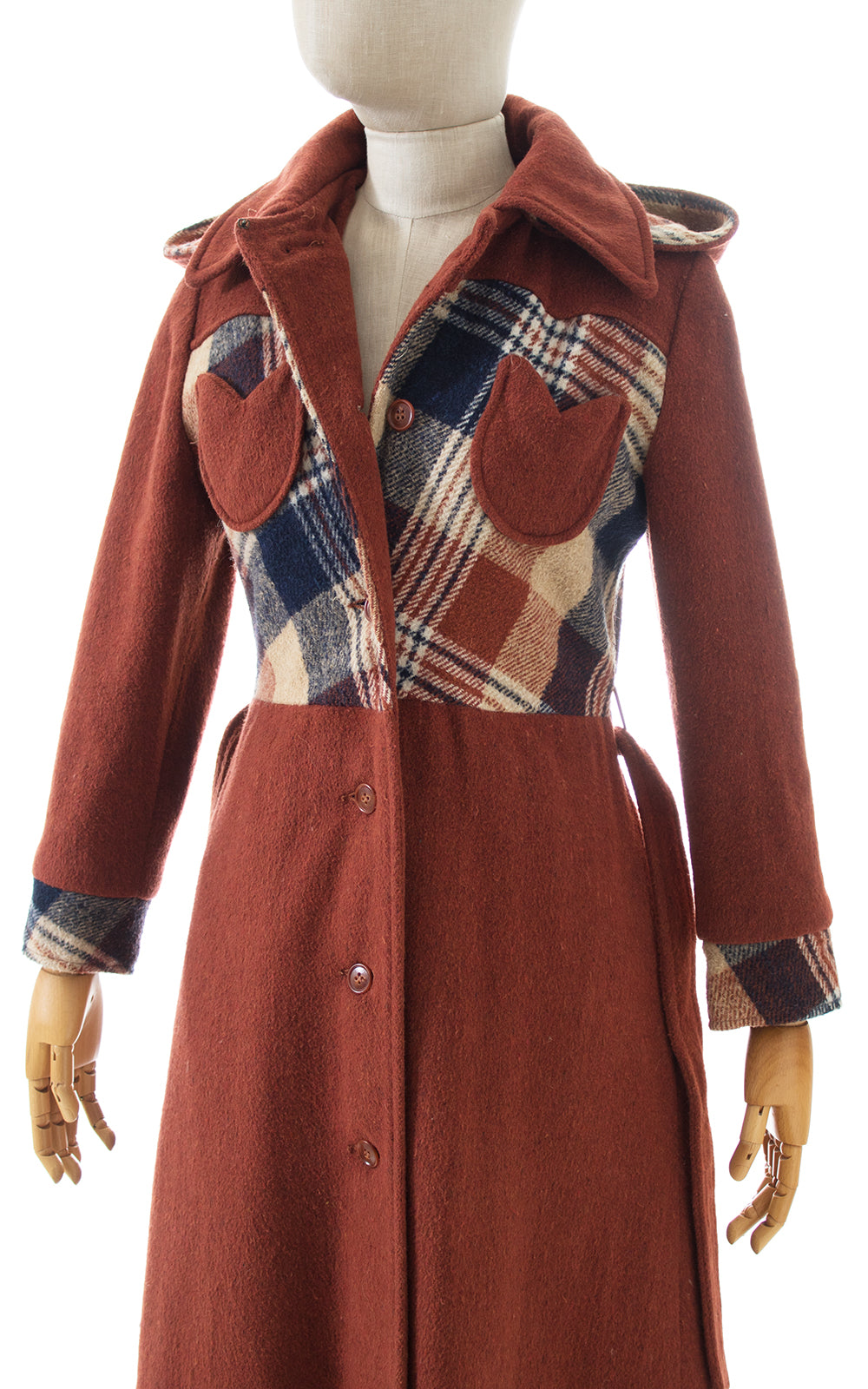 1970s Hooded Plaid Wool Princess Coat | x-small/small