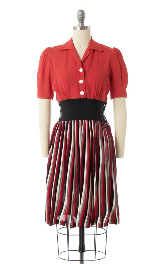 1930s 1940s Striped Rayon Shirtwaist Dress