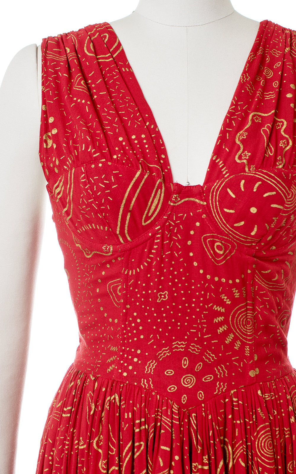 1980s Celestial Novelty Print Red Smocked Sundress