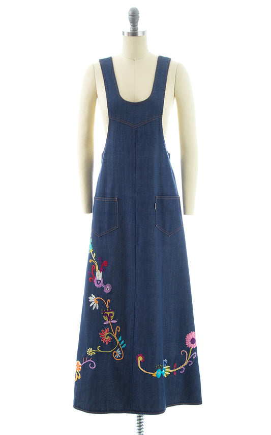 1970s Levi's Embroidered Denim Overalls Dress