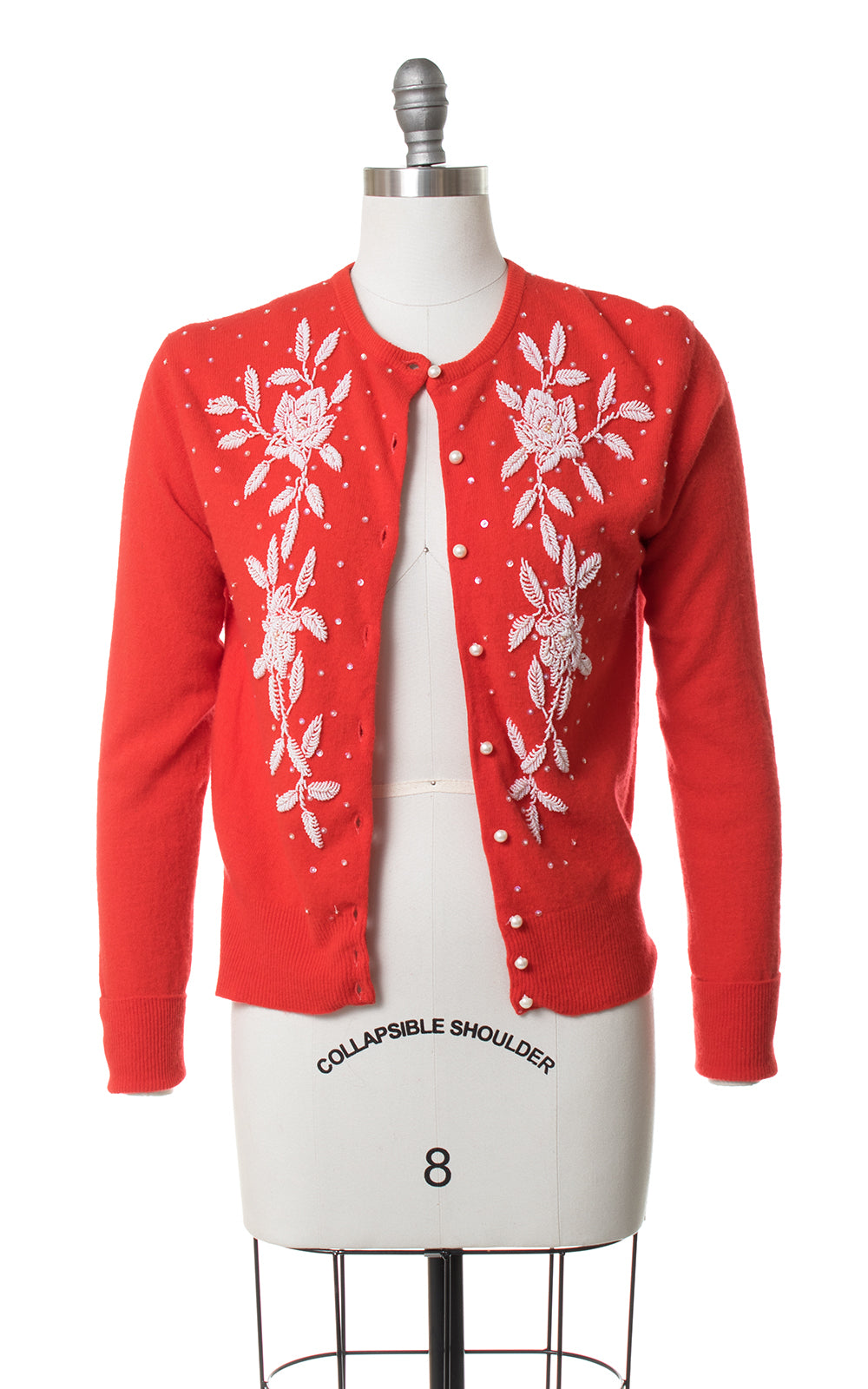 1950s Floral Beaded Red Knit Wool Cardigan