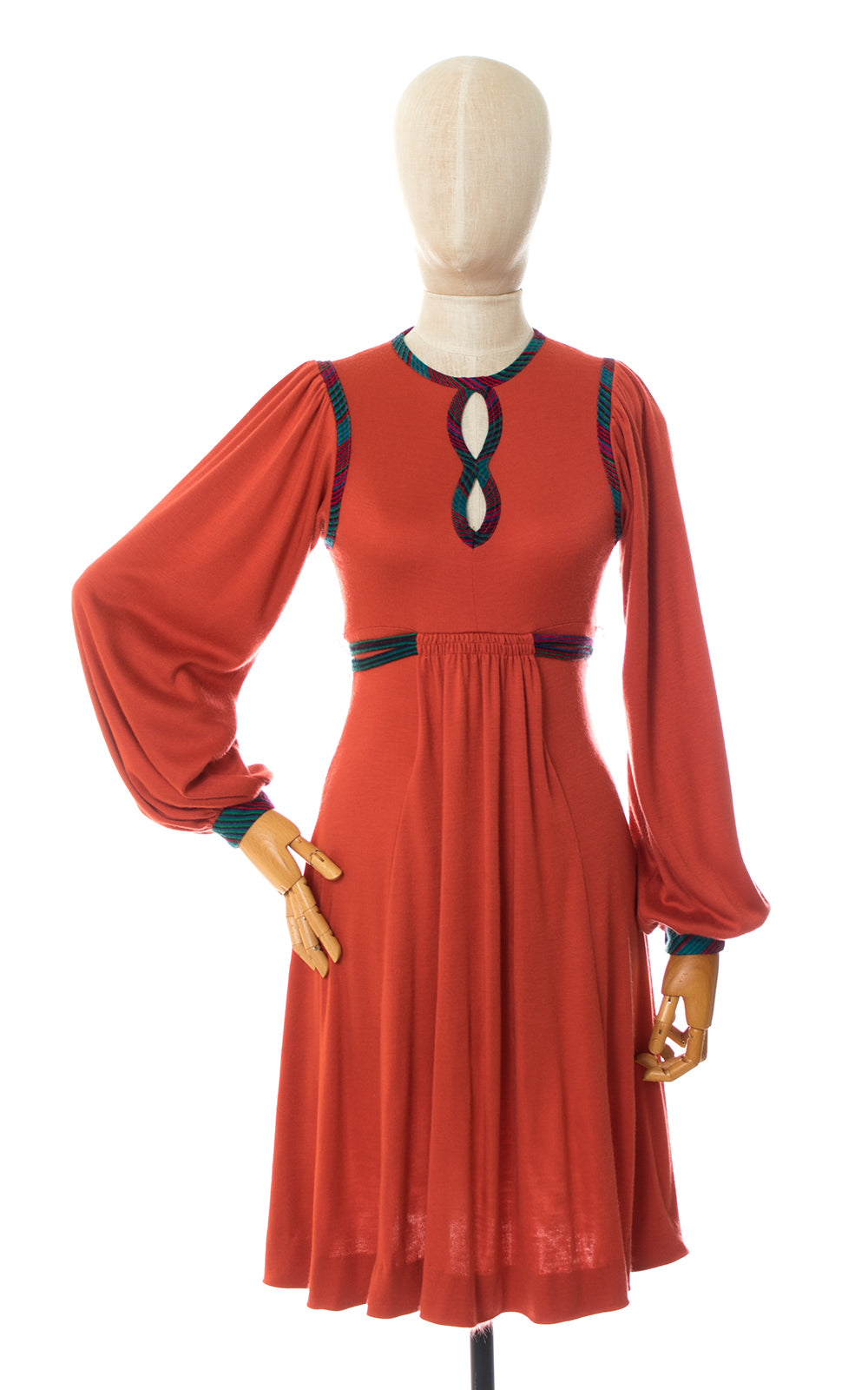 1970s Orange Jersey Bishop Sleeve Dress