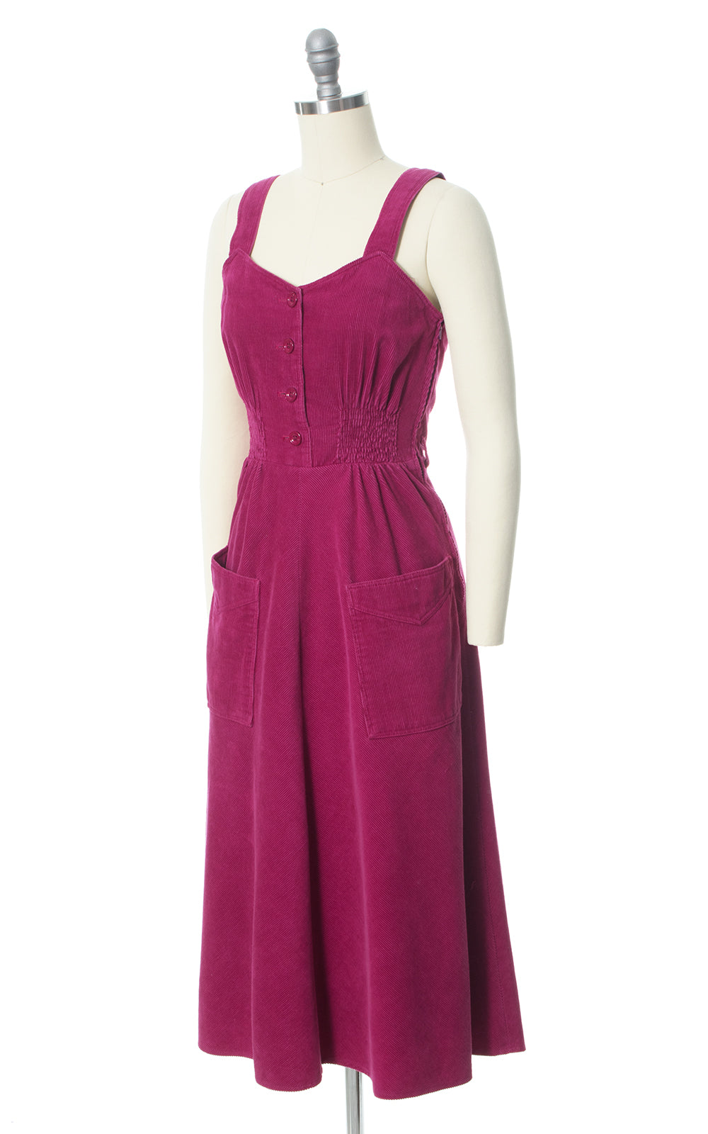 1970s Magenta Corduroy Shirtwaist Dress with Pockets