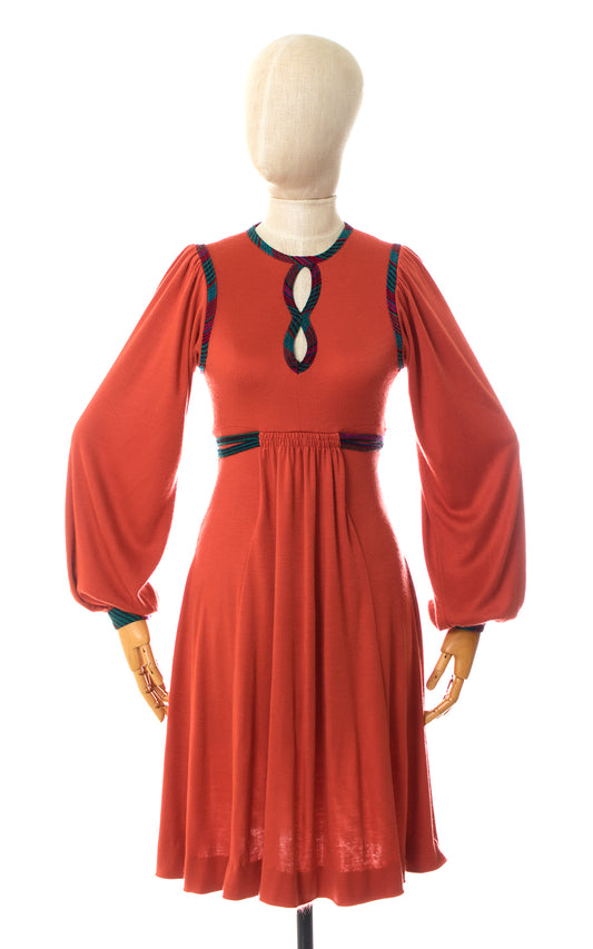 1970s Bishop Sleeve Orange Jersey Dress