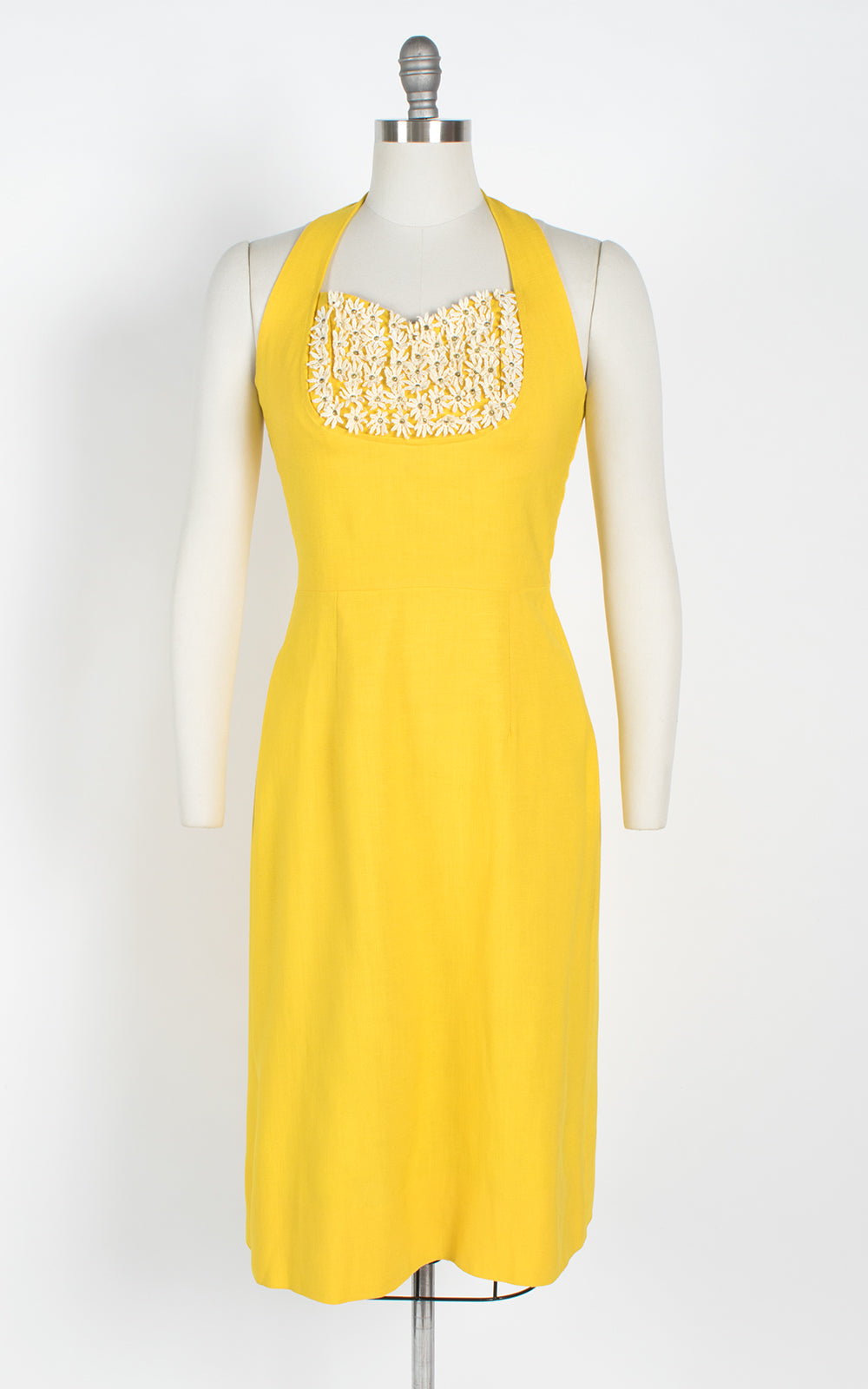 1950s Canary Yellow Linen Halter Dress with Flowers