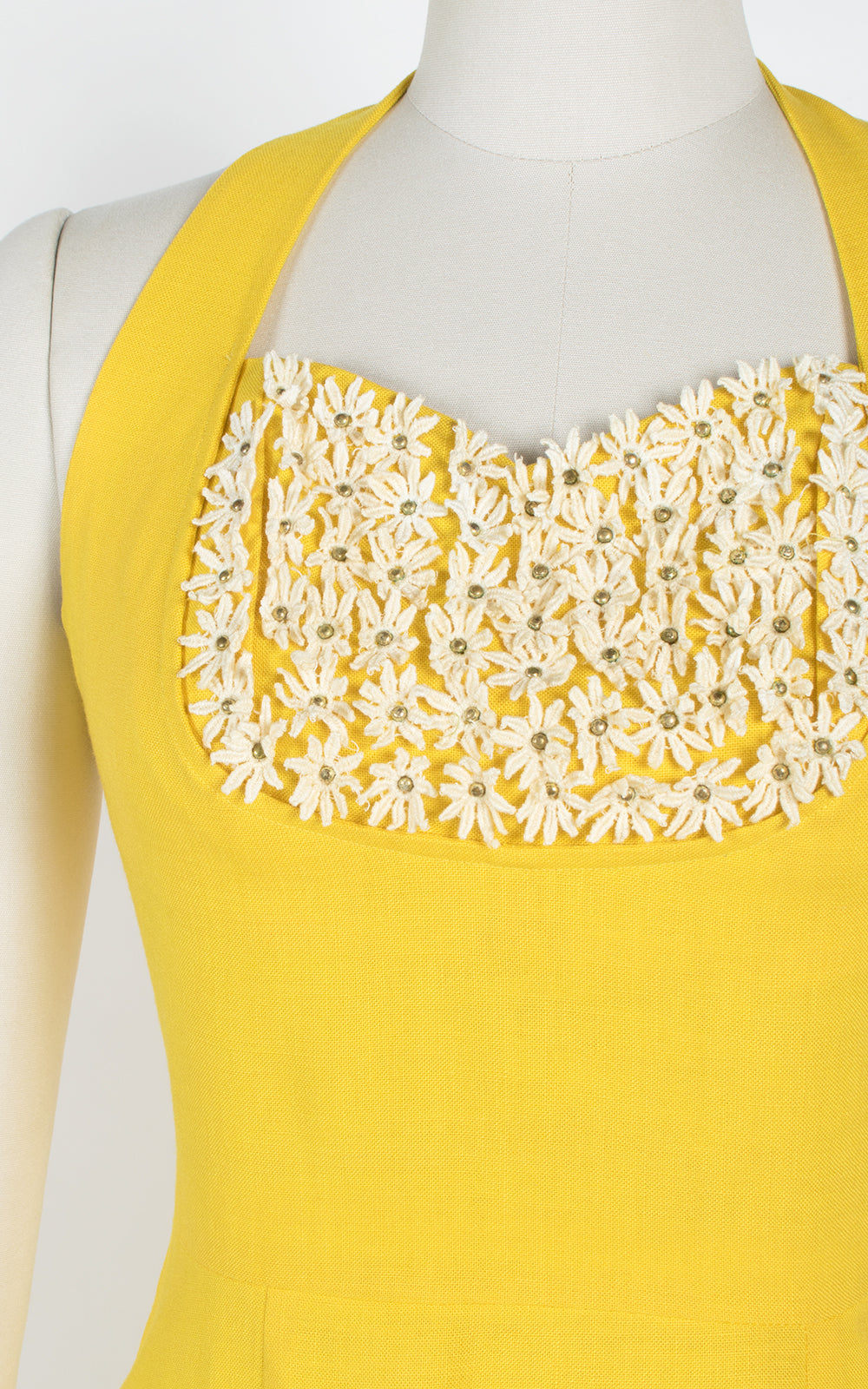 1950s Canary Yellow Linen Halter Dress with Flowers
