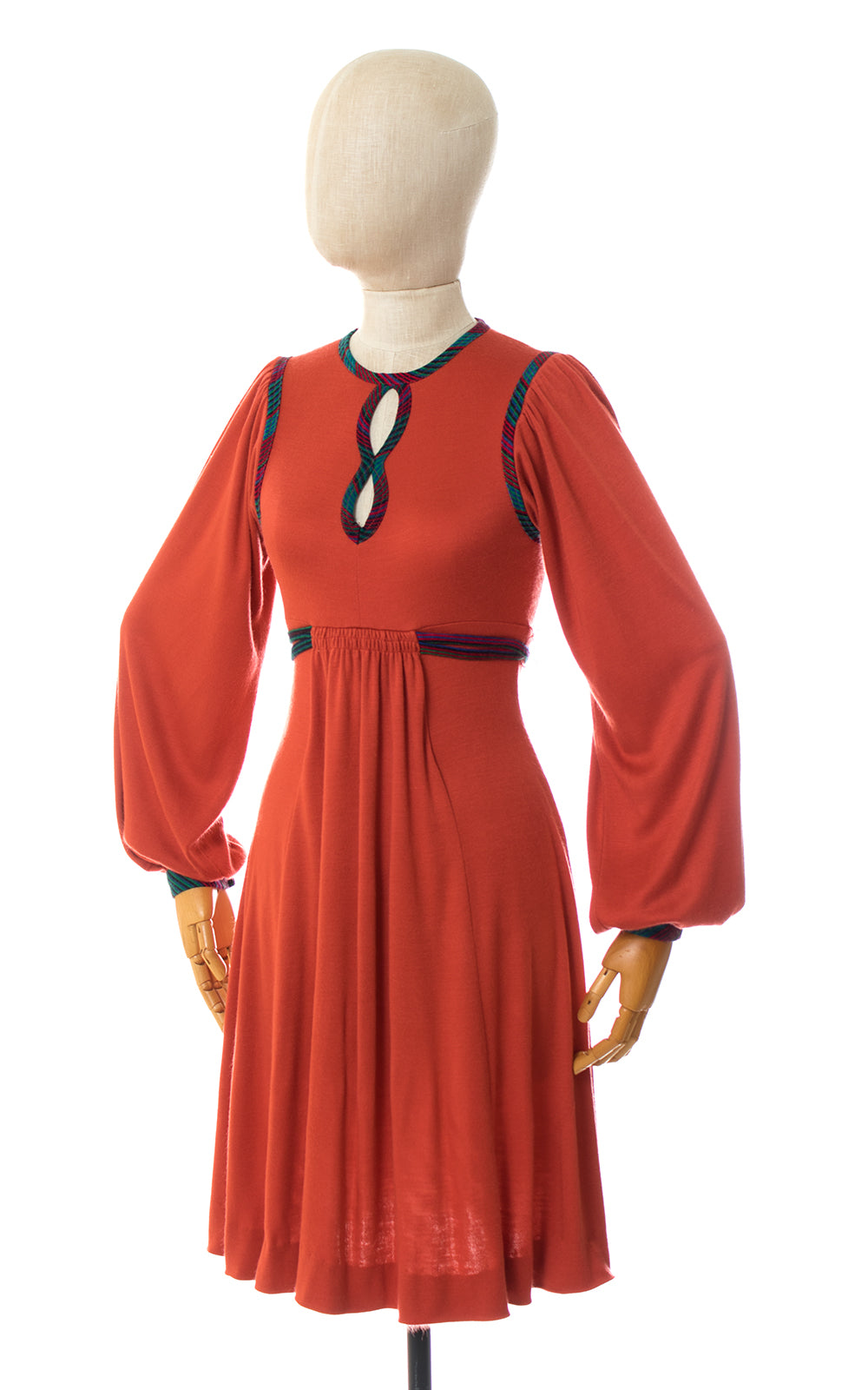 1970s Orange Jersey Bishop Sleeve Dress