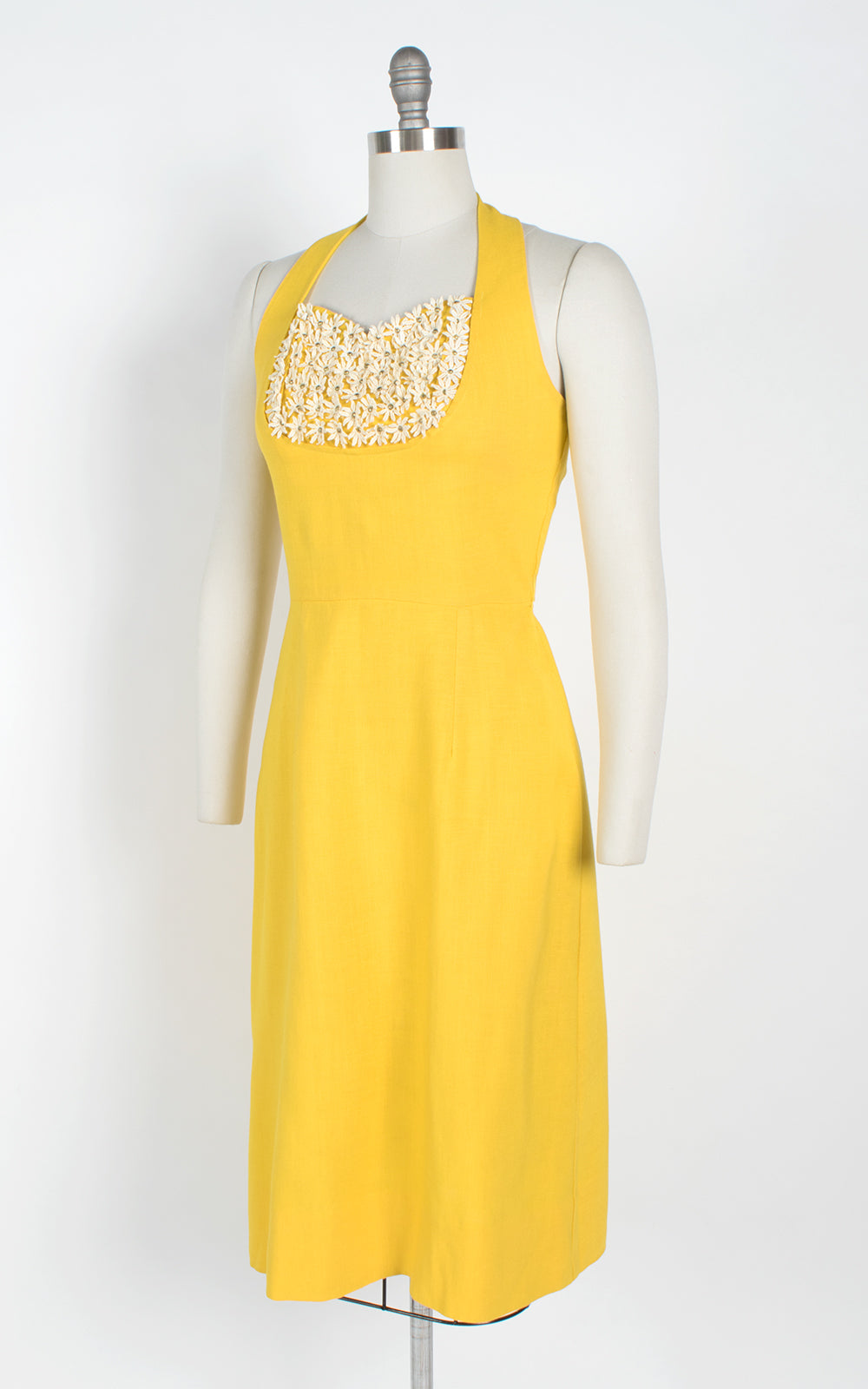 1950s Canary Yellow Linen Halter Dress with Flowers