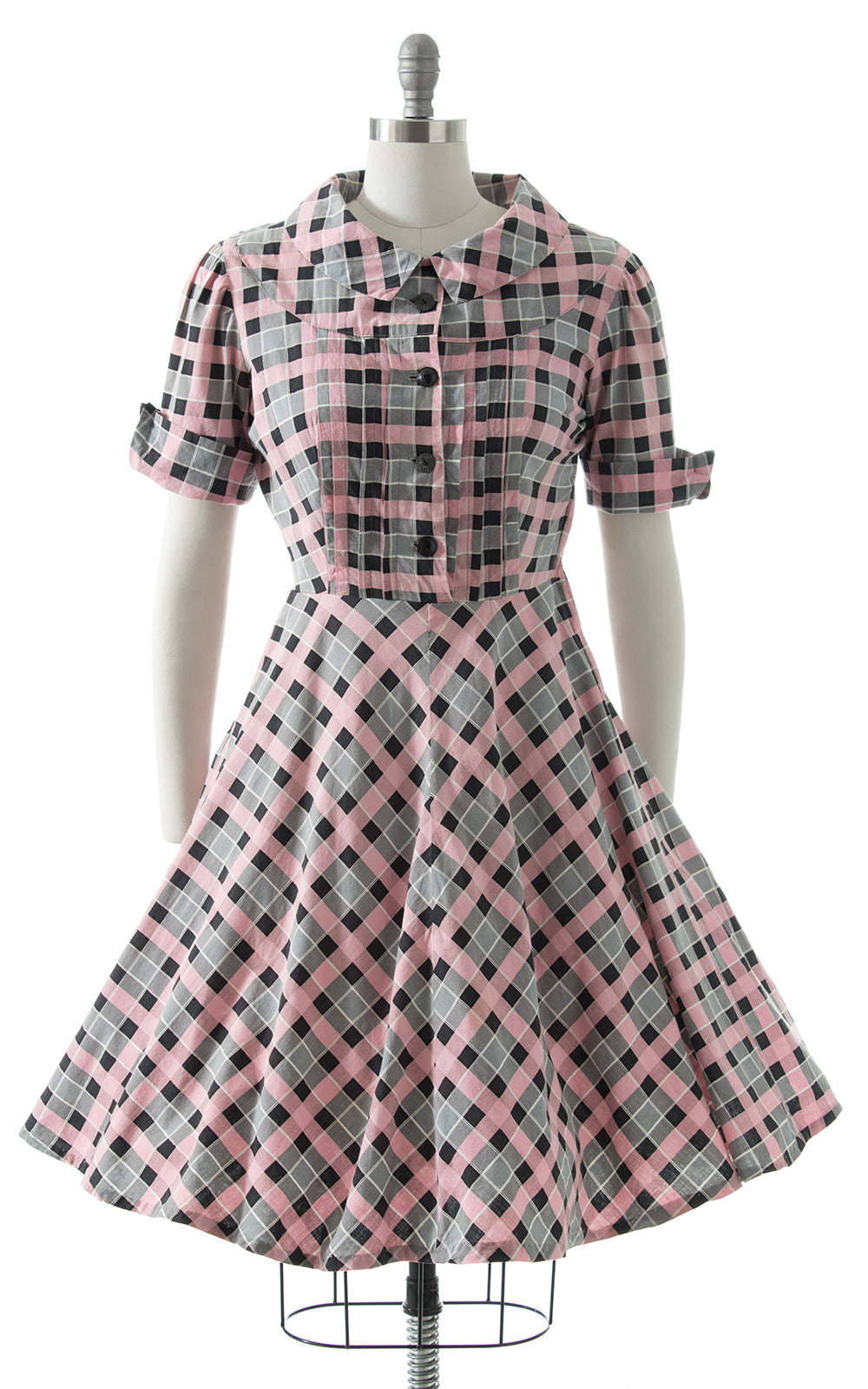 1950s Pink Plaid Cotton Shirtwaist Dress 