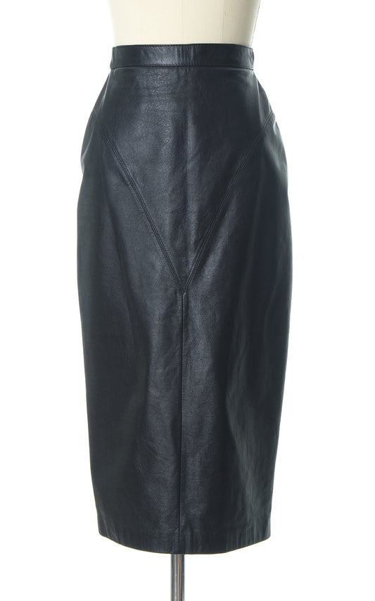 1980s Wilsons Black Leather Snap Slit Pencil Skirt