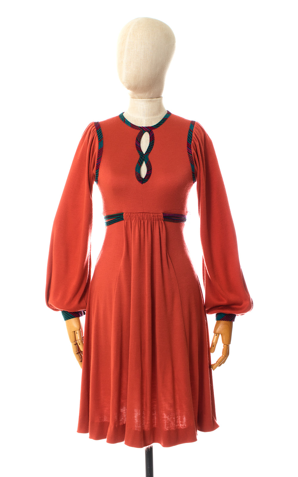 1970s Orange Jersey Bishop Sleeve Dress