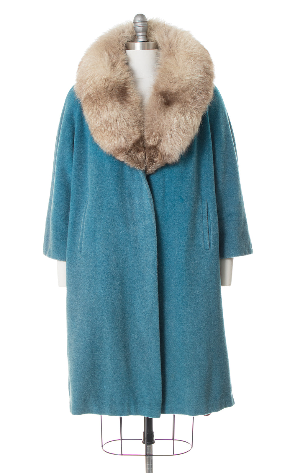 1950s Turquoise Wool & Fox Fur Collar Swing Coat