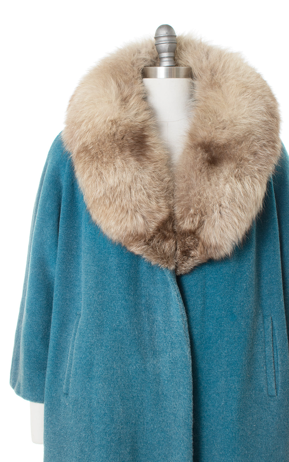 1950s Turquoise Wool & Fox Fur Collar Swing Coat