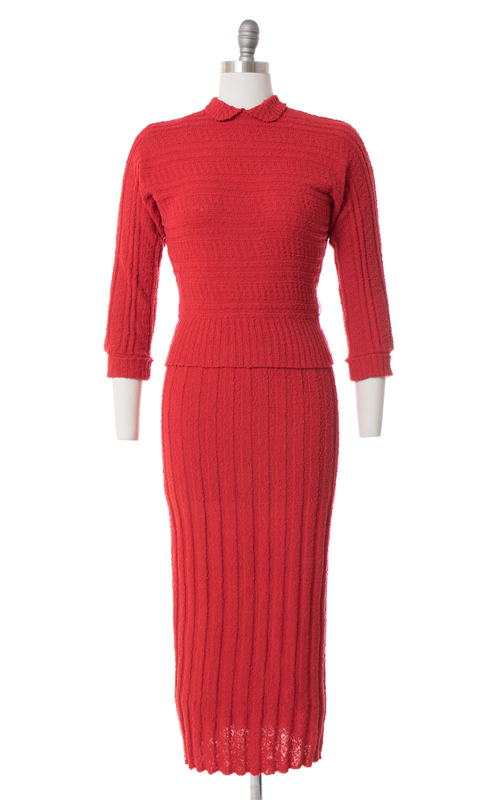 1950s Red Knit Wool Sweater + Skirt Set