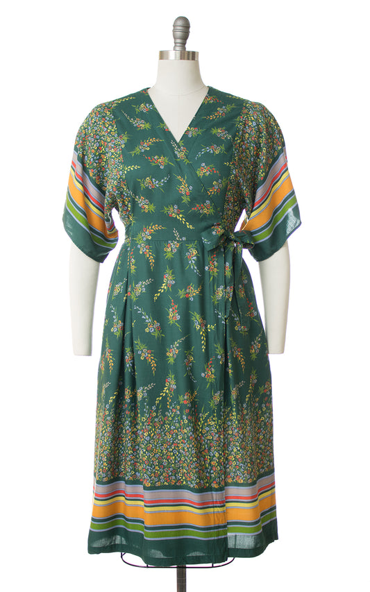 1970s Floral Striped Green Rayon Wrap Dress