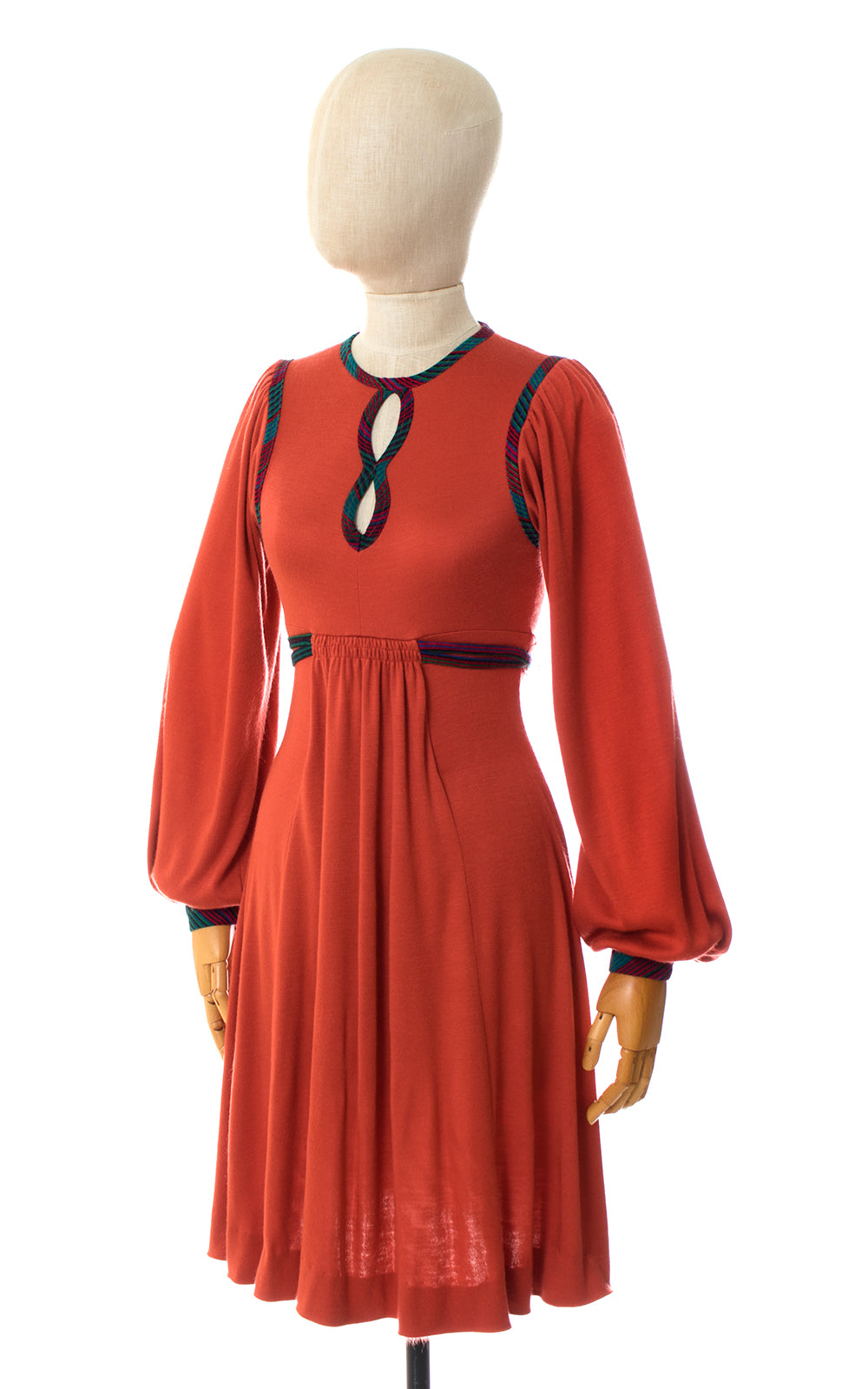1970s Orange Jersey Bishop Sleeve Dress