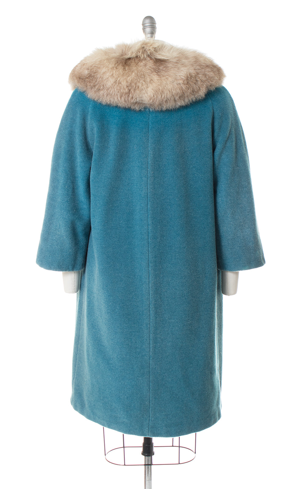 1950s Turquoise Wool & Fox Fur Collar Swing Coat