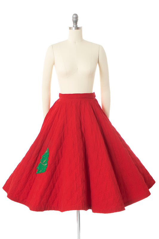 1950s Christmas Tree Sequin Quilted Corduroy Circle Skirt