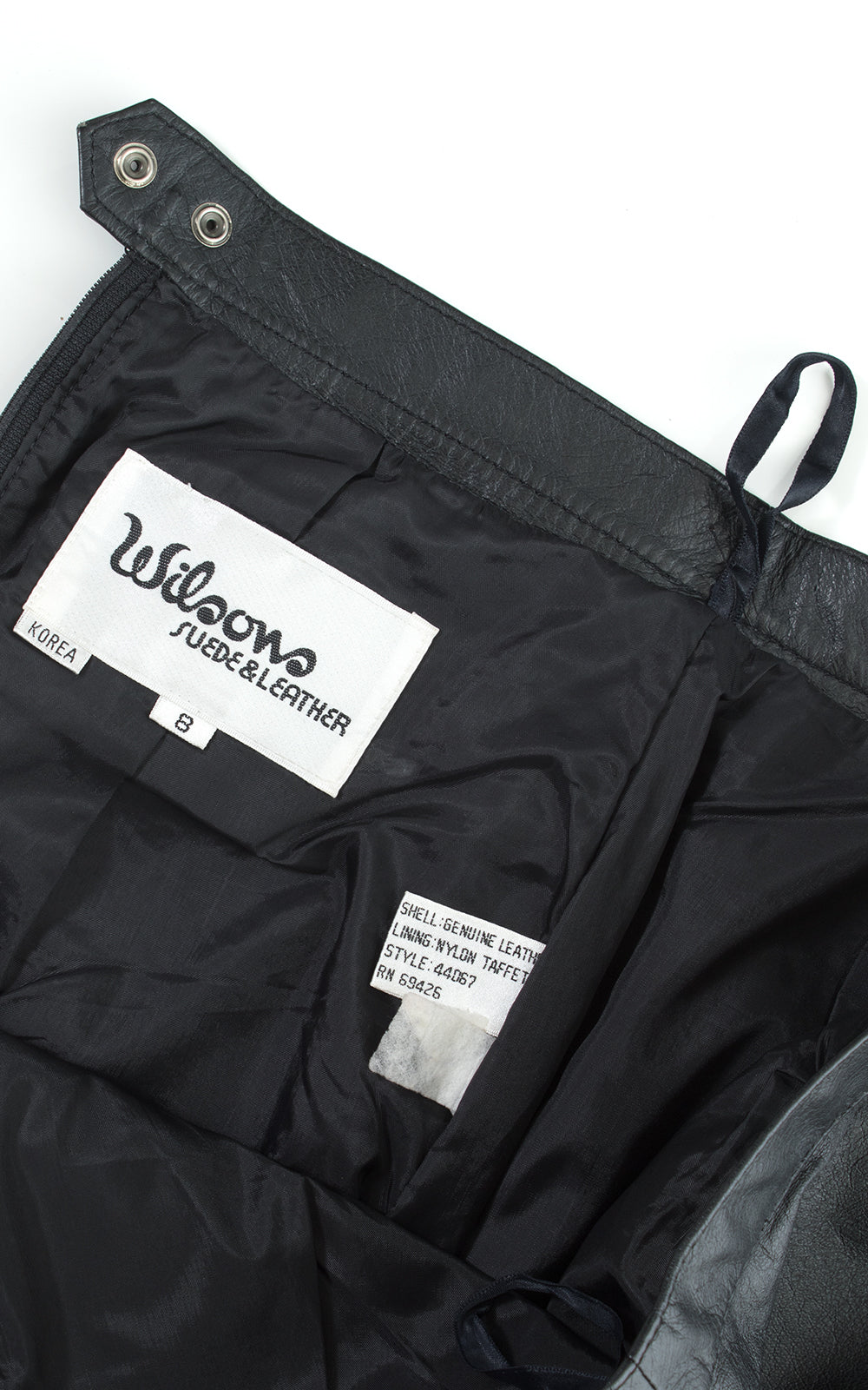 1980s Wilsons Black Leather Snap Slit Pencil Skirt